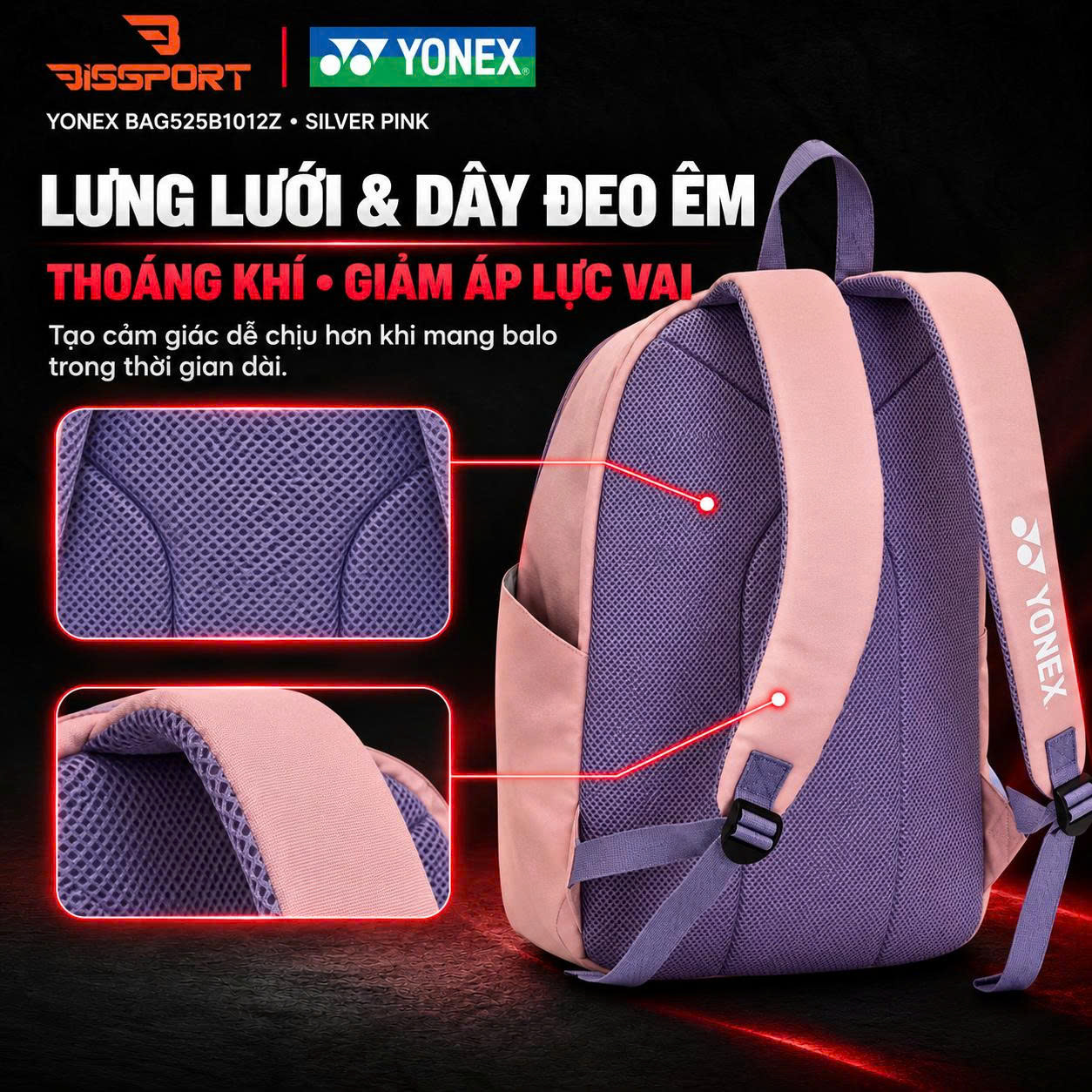 Balo Cầu Lông Yonex BAG525B1012Z SILVER PINK Chính Hãng - Tiện Dụng - Bền Bỉ - Chắc Chắn - Nhẹ - Đa Năng